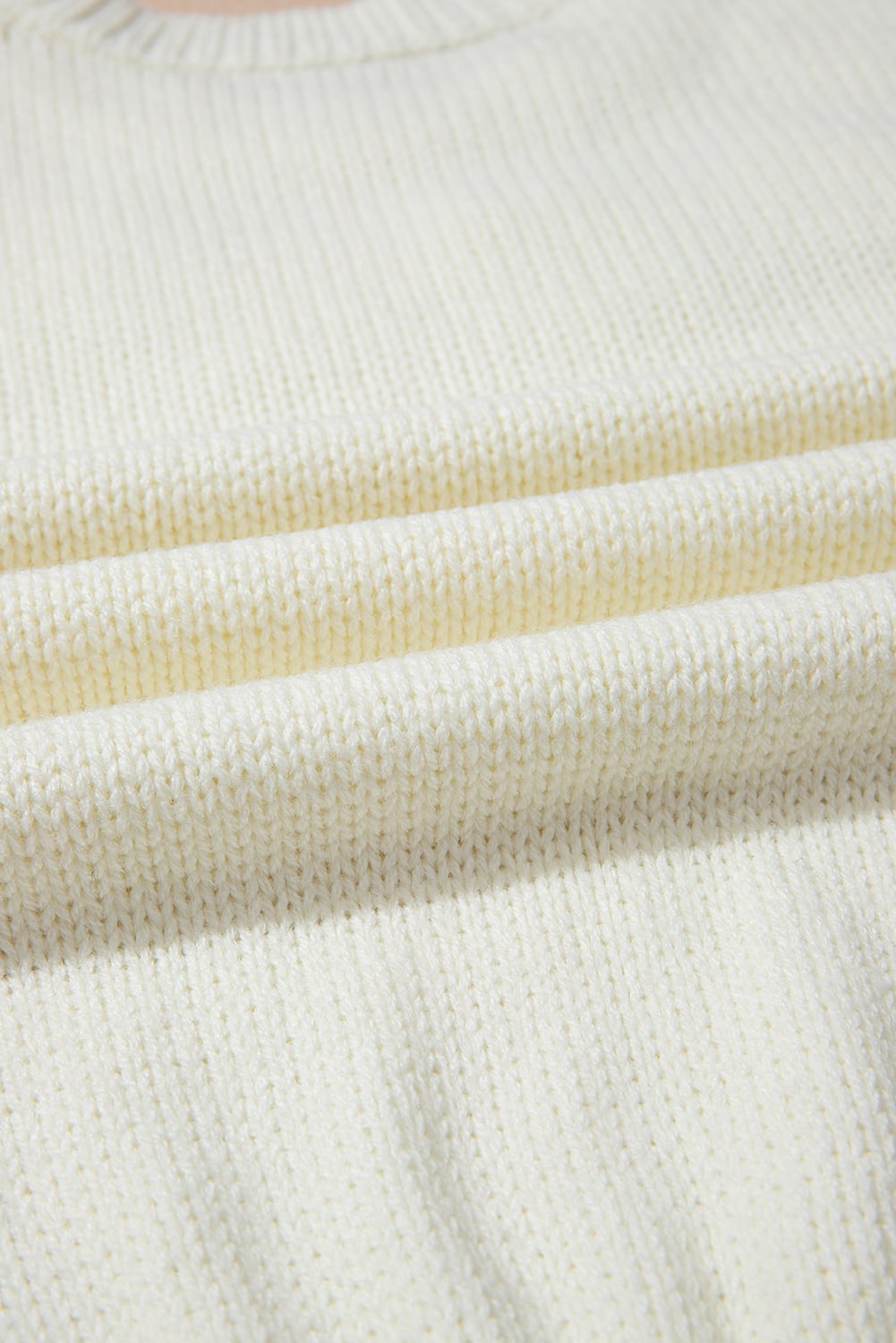 White Flower Detail Round Neck Contrast Textured Puff Sleeve Sweater