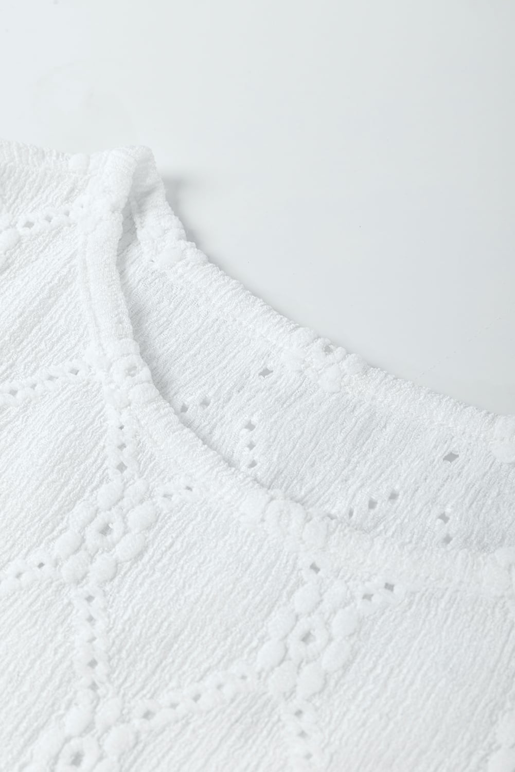 White Flower Geometric Textured Button Short Sleeve Top