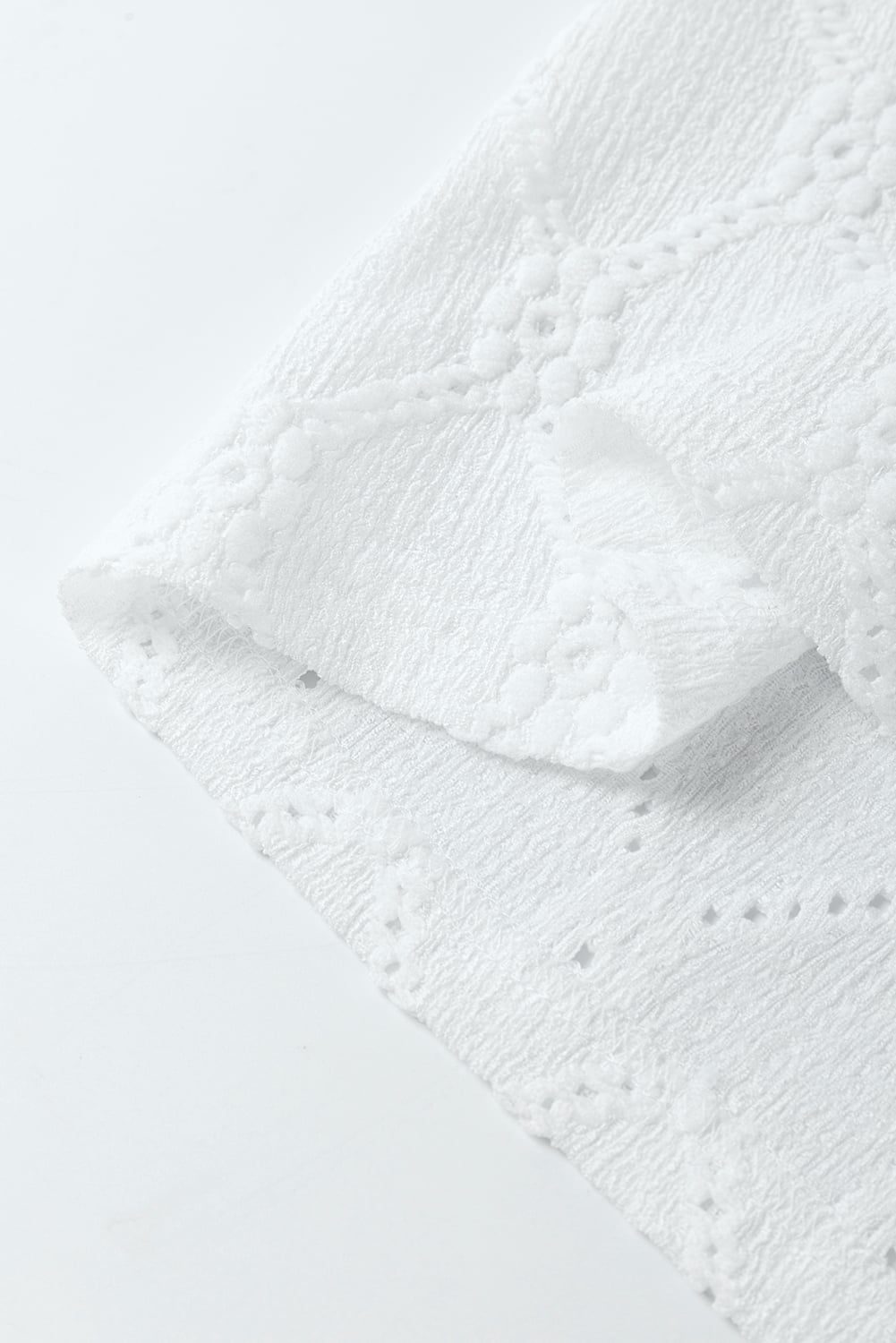 White Flower Geometric Textured Button Short Sleeve Top