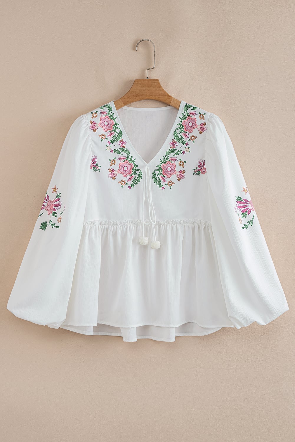 White Flower Print Lace-up V Neck Babydoll Blouse
