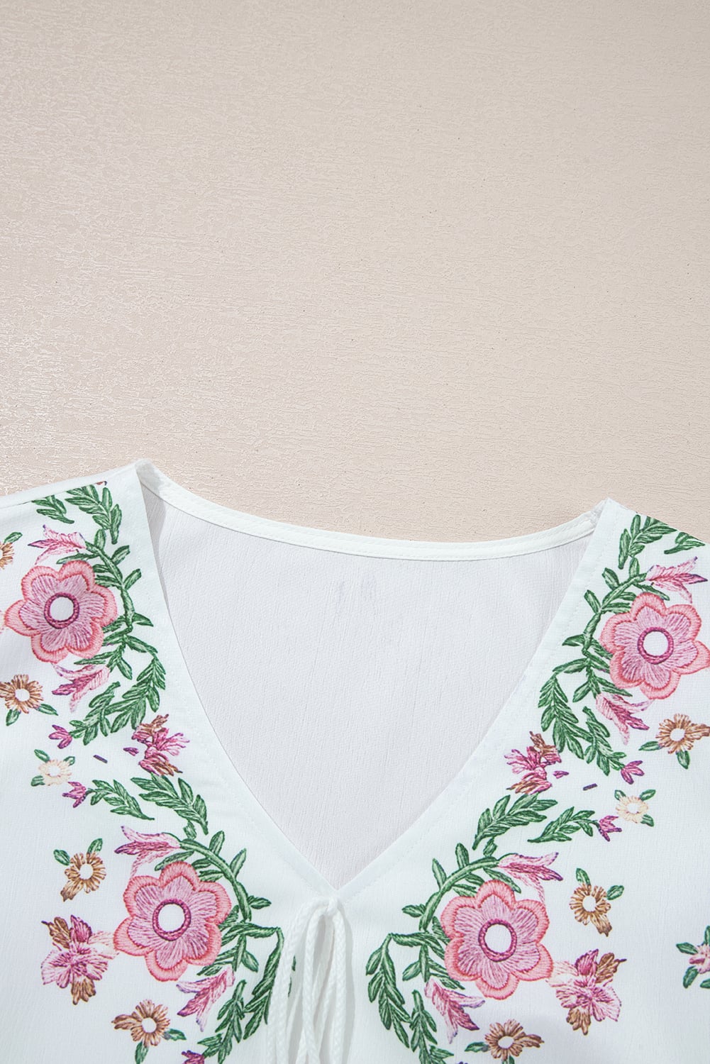 White Flower Print Lace-up V Neck Babydoll Blouse