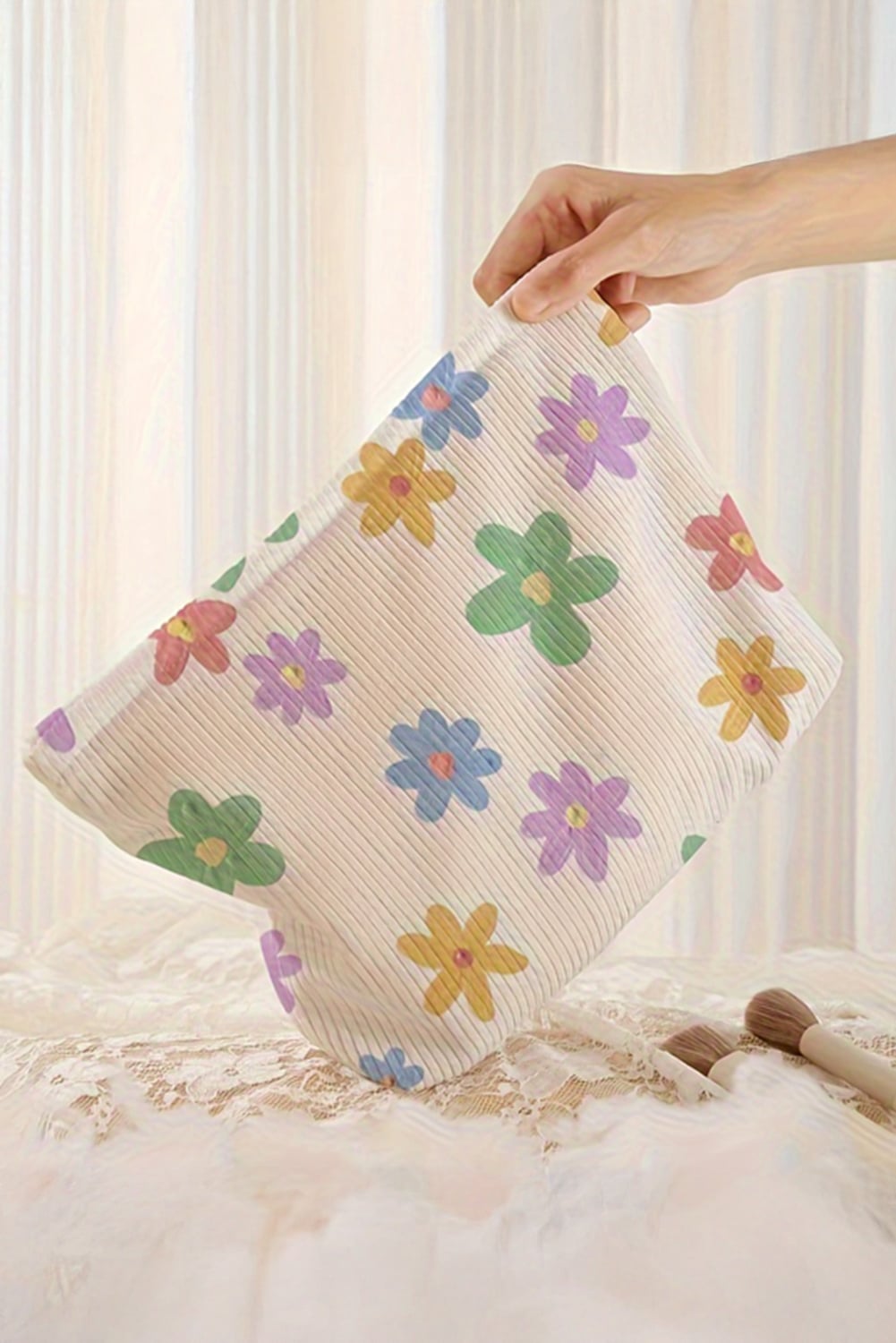 White Flower Print Rib Textured Large Cosmetic Bag