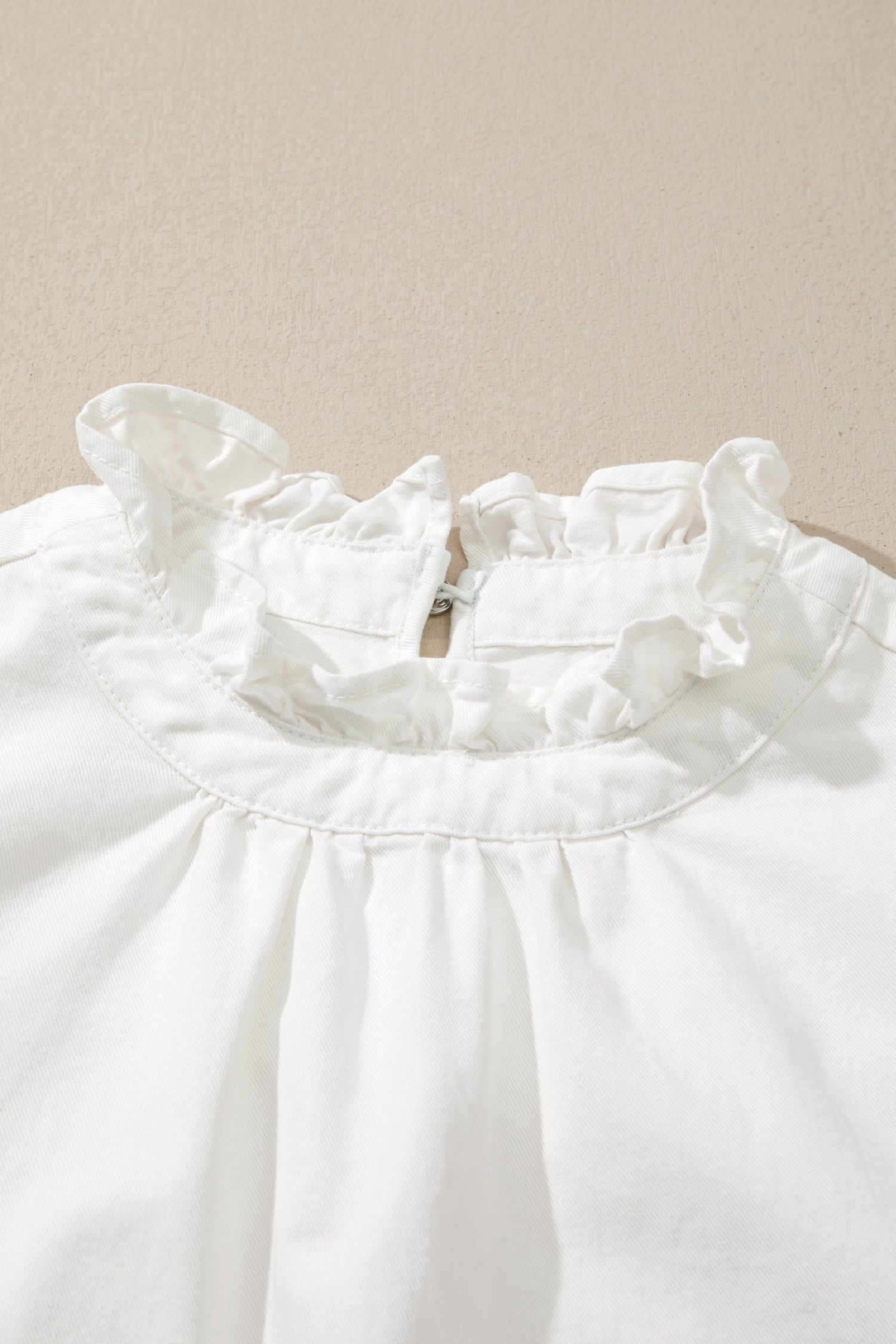 White Frilled Collar Flutter Sleeve Denim Top