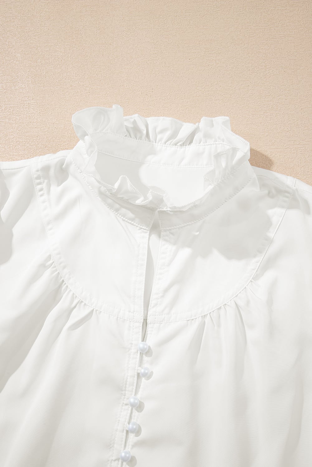 White Frilled Edge Half Button Stand Neck Bubble Sleeve Blouse