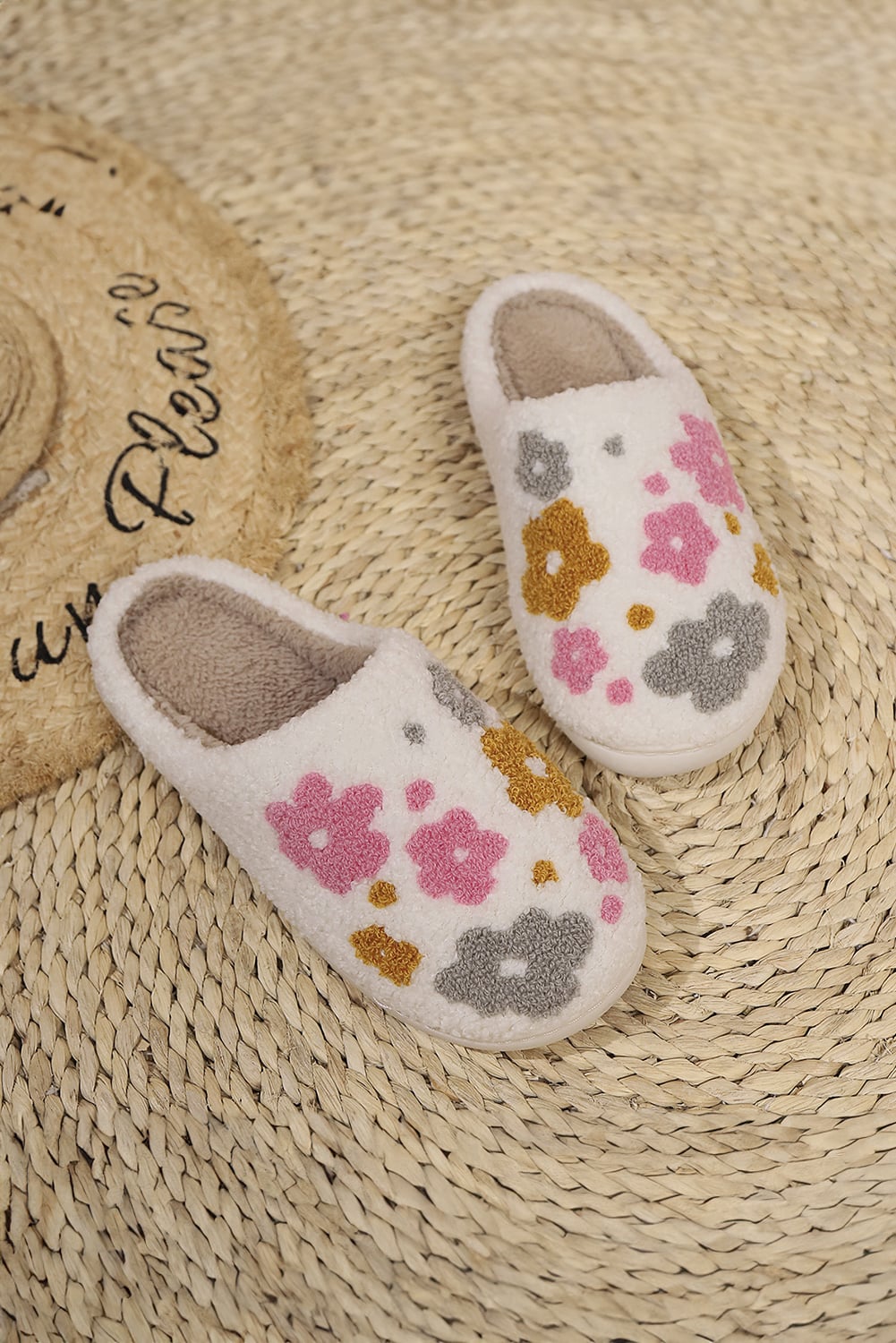 White Fuzzy Flower Pattern Winter House Slippers