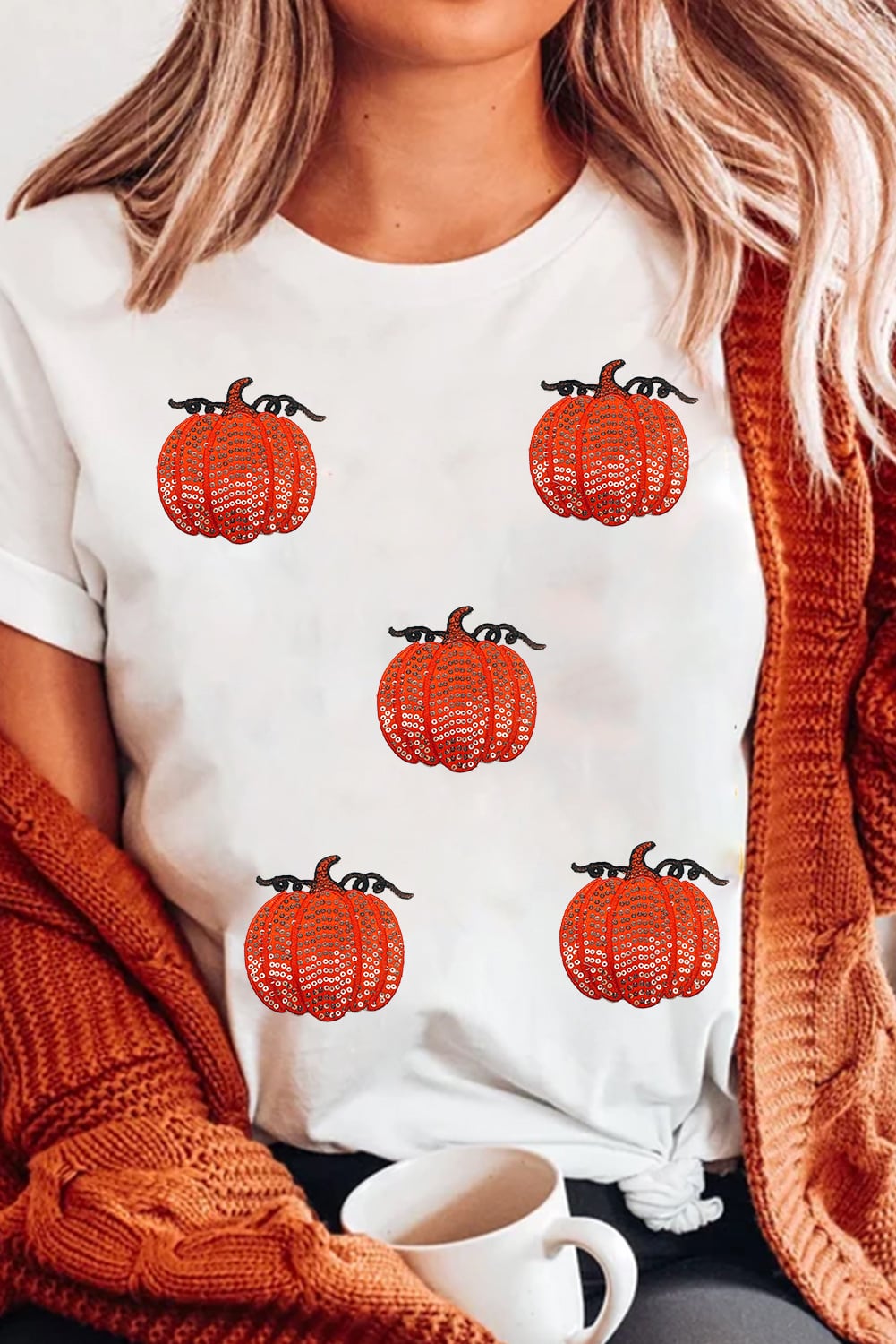 White Glitter Pumpkin Patched Cotton Blend T Shirt