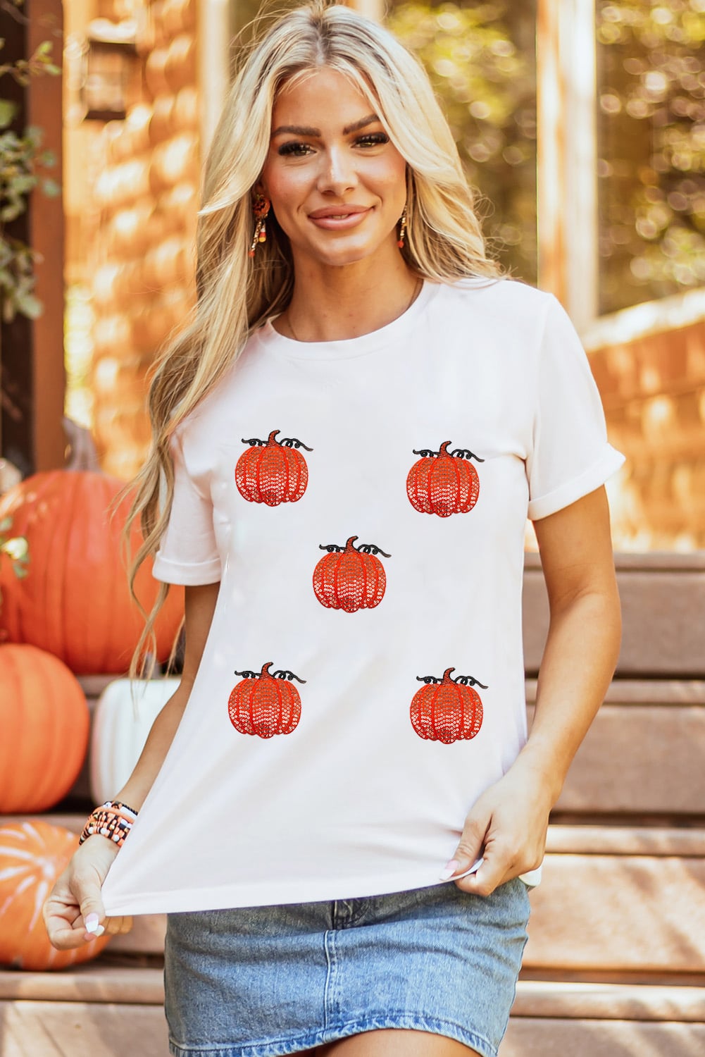 White Glitter Pumpkin Patched Cotton Blend T Shirt