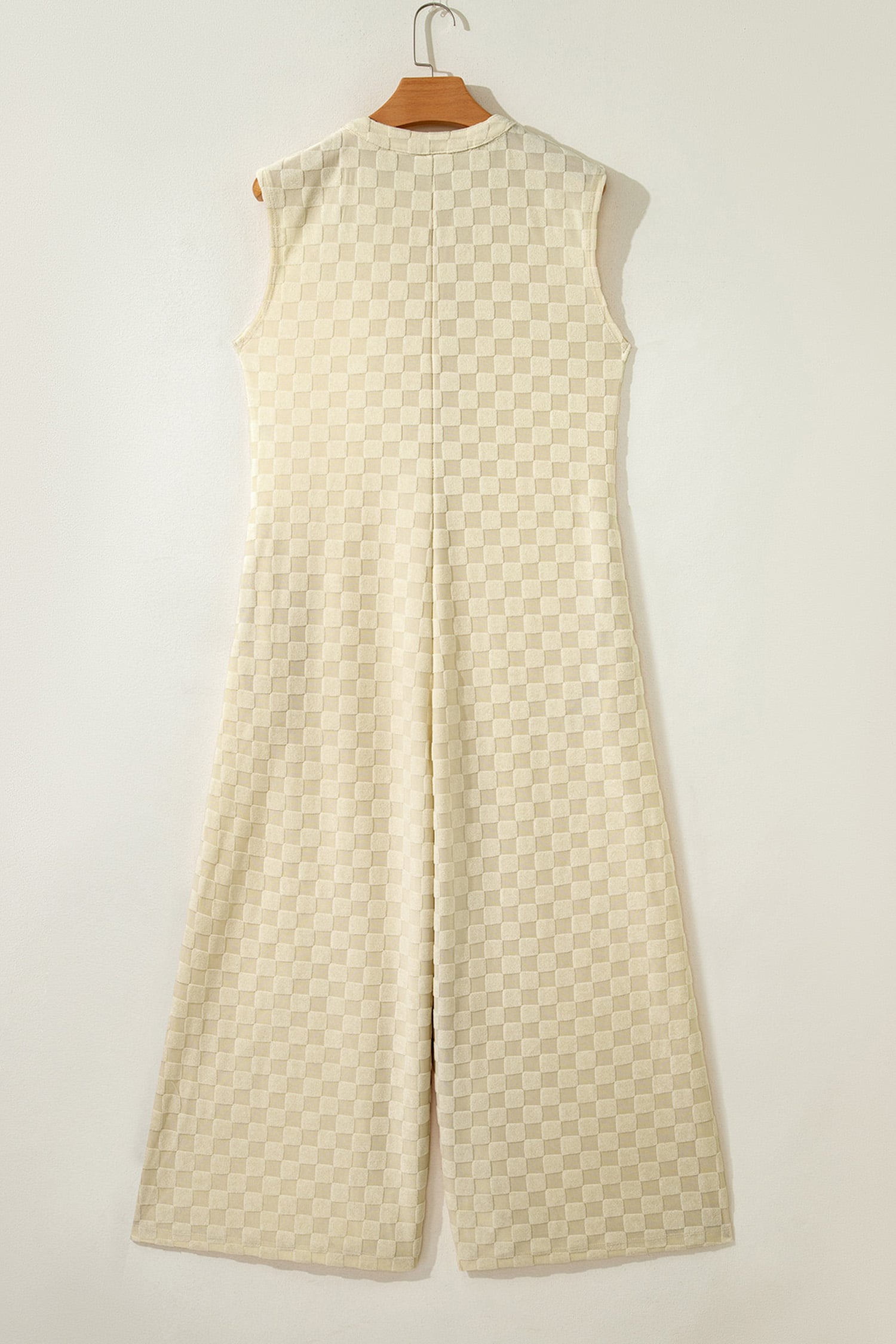 White Half Buttons Sleeveless Wide Leg Textured Jumpsuit
