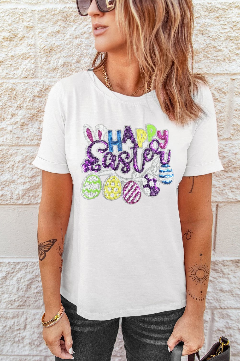 White Happy Easter Sequin Patched Casual Tee
