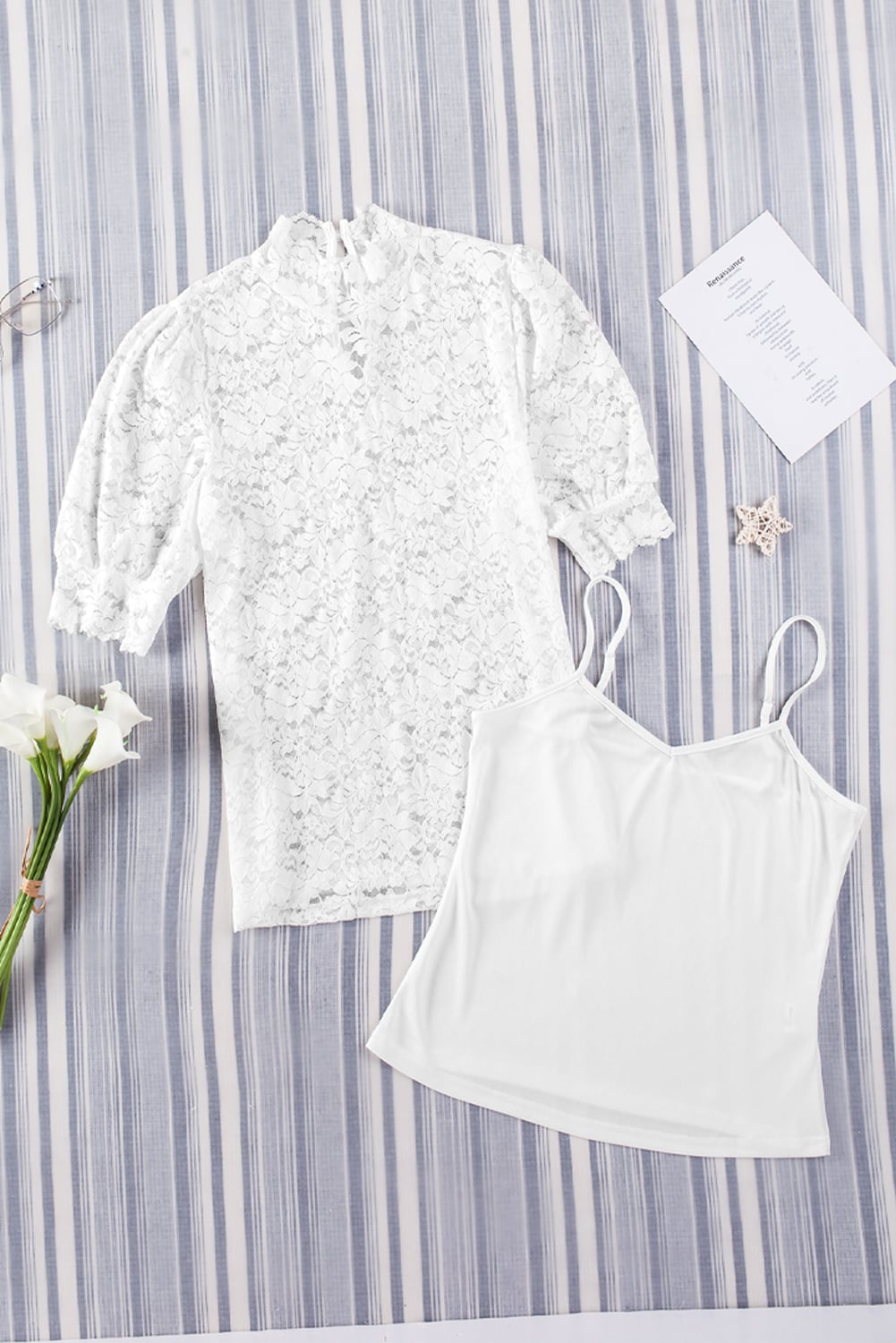 White High Neck Lace Short Sleeve Blouse