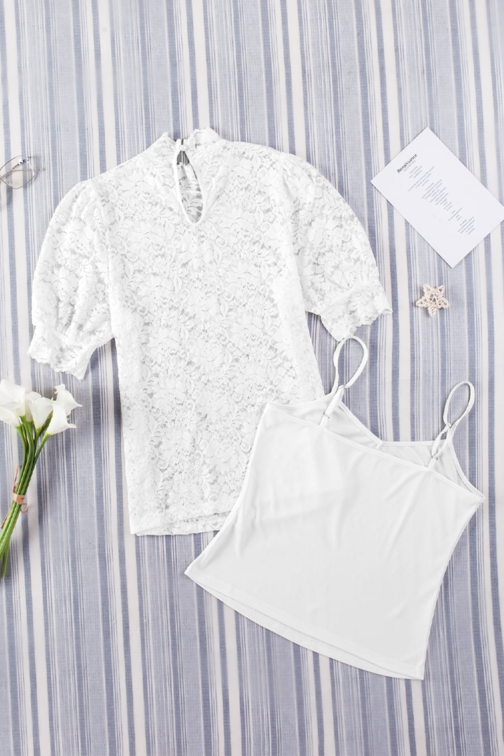 White High Neck Lace Short Sleeve Blouse