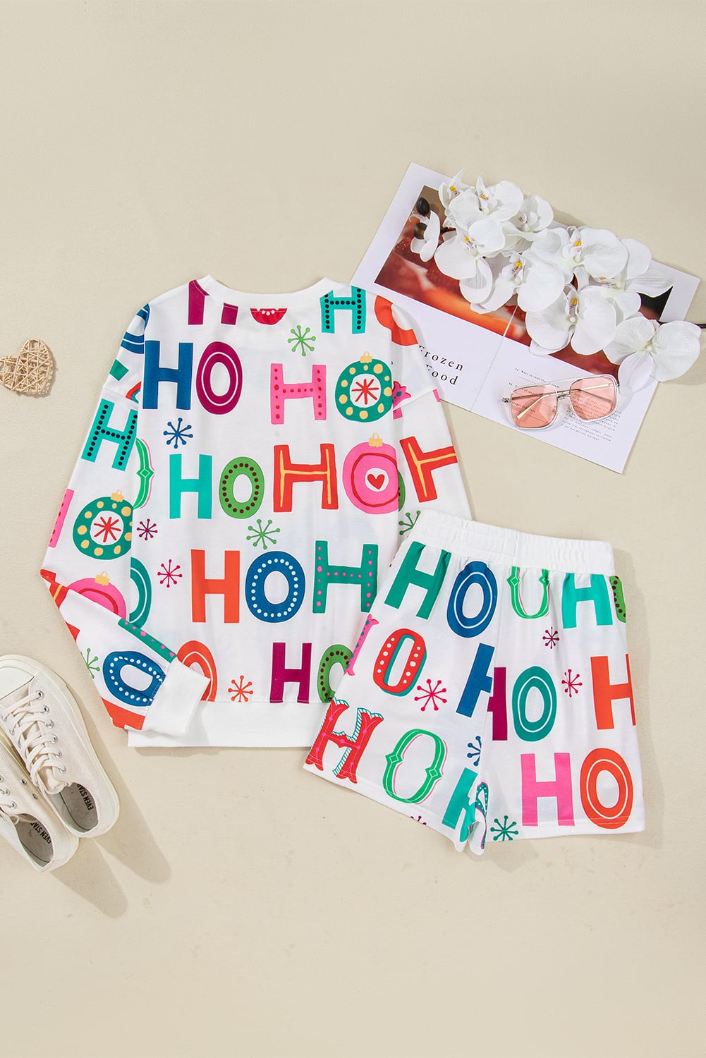 White Ho Ho Ho Christmas Fashion Print 2pcs Lounge Short Set