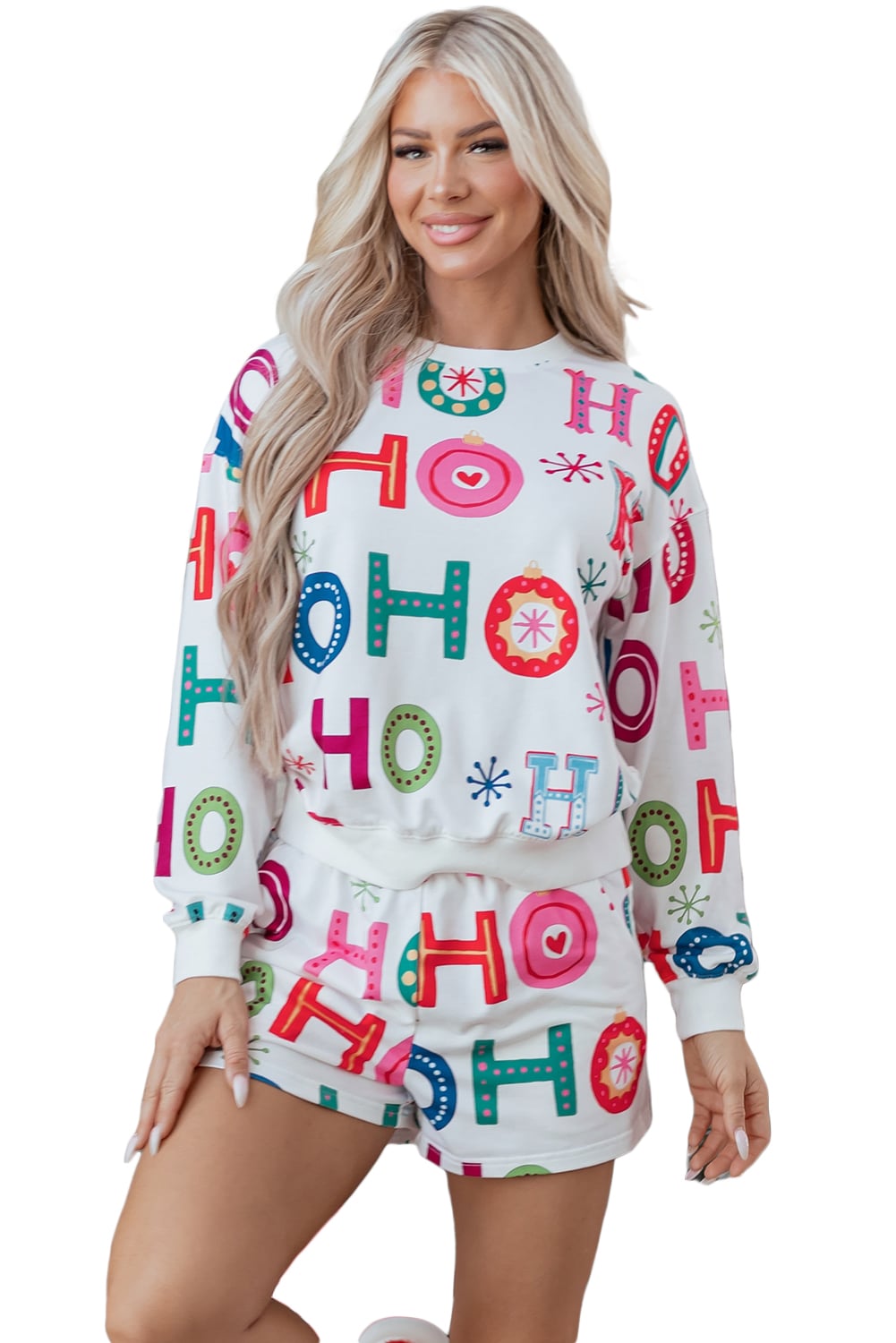 White Ho Ho Ho Christmas Fashion Print 2pcs Lounge Short Set