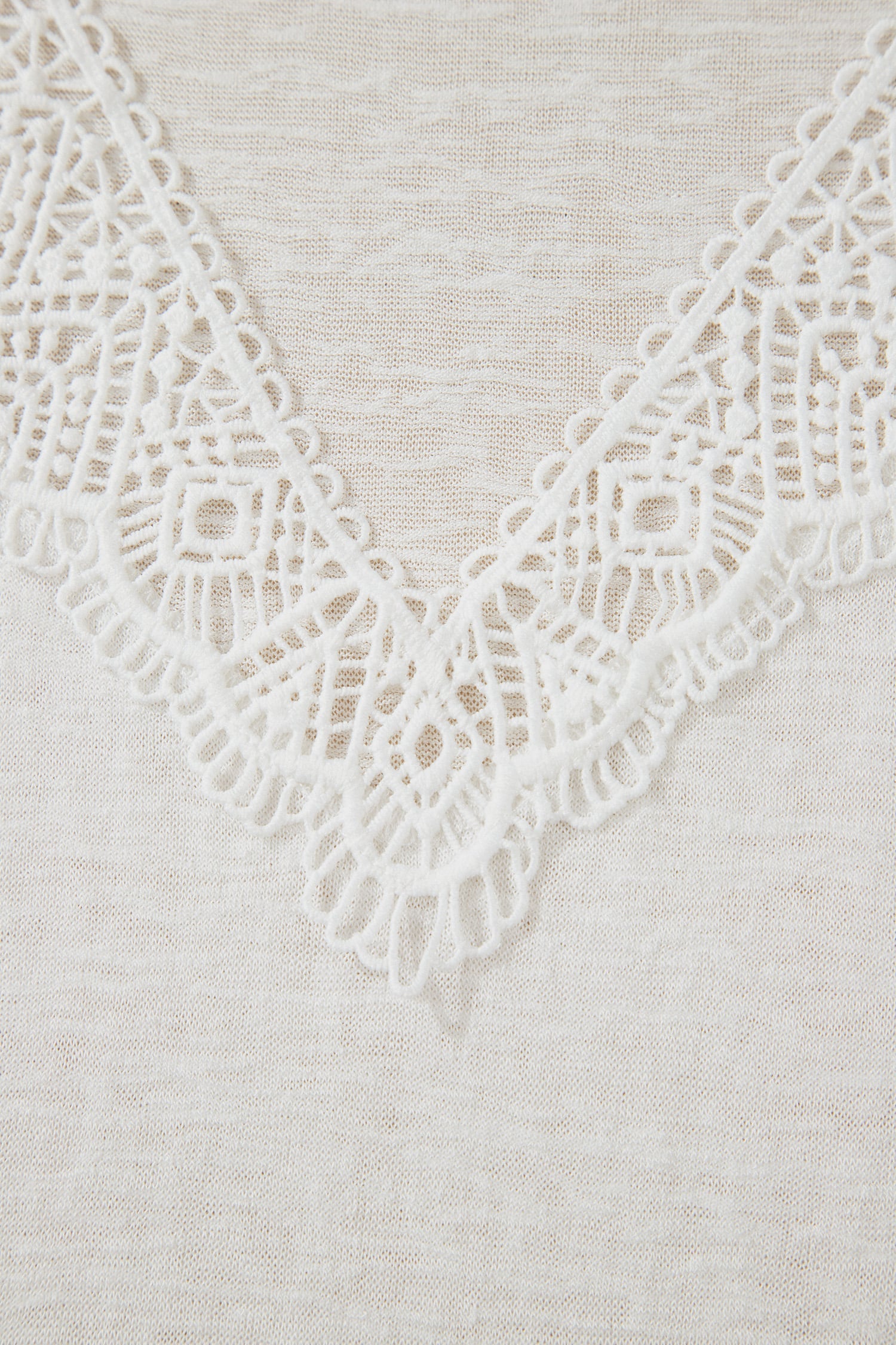 White Hollowed Lace Splicing V Neck T Shirt