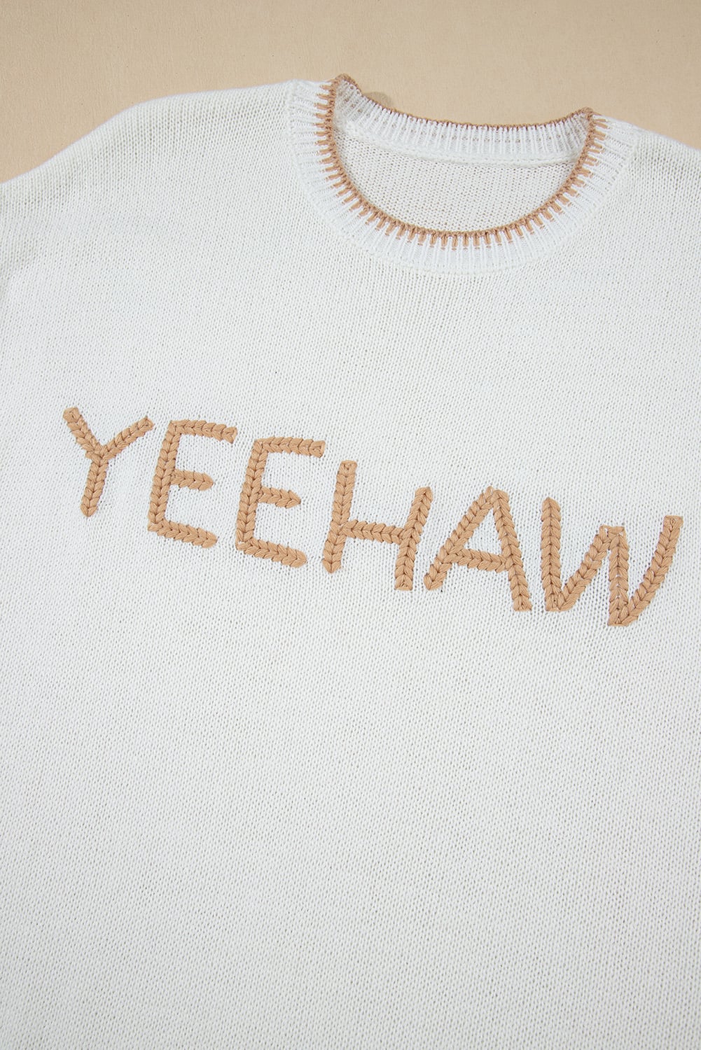 White Knitted YEEHAW Stitch Edge Crew Neck Sweater T Shirt