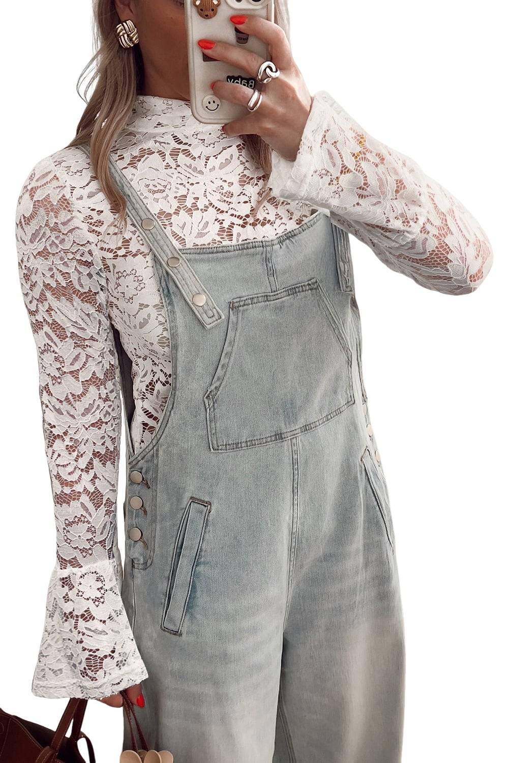 White Lace Crochet Bell Sleeve Mock Neck Blouse