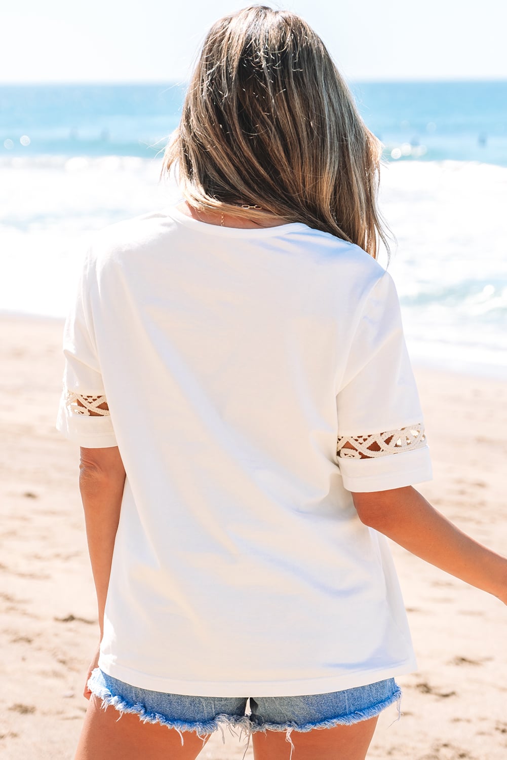 White Lace Crochet Crew Neck Casual T Shirt