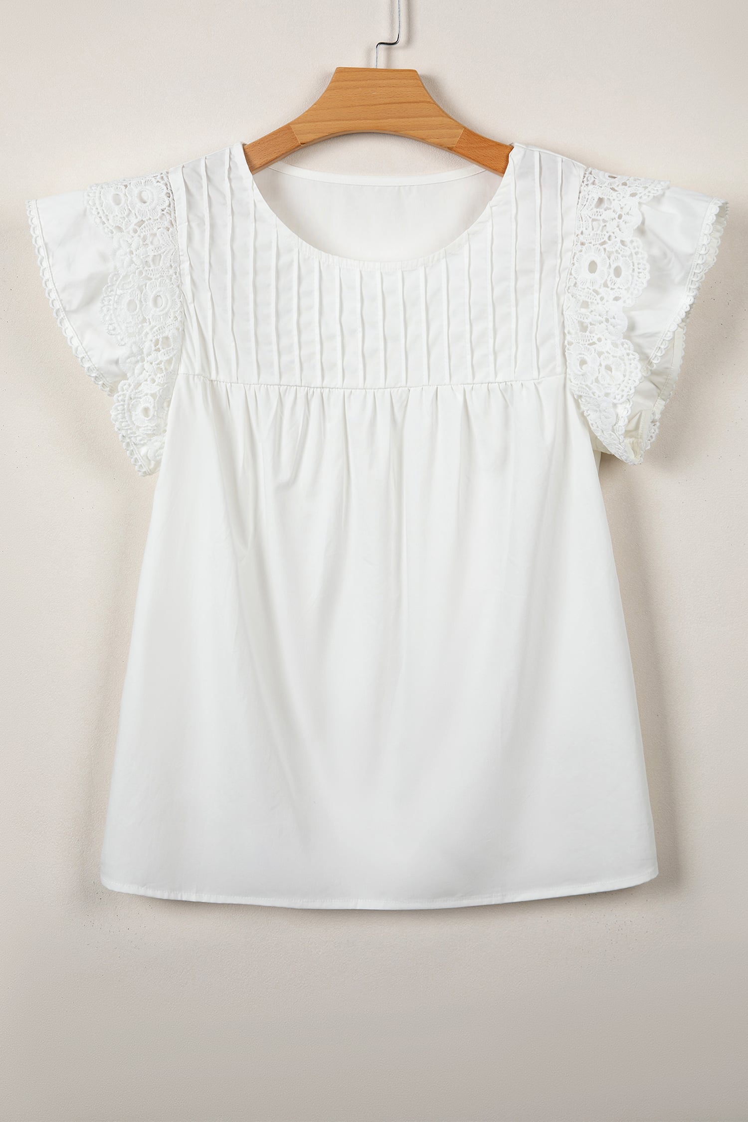 White Lace Detail Flutter Sleeve Pleated Round Neck Blouse