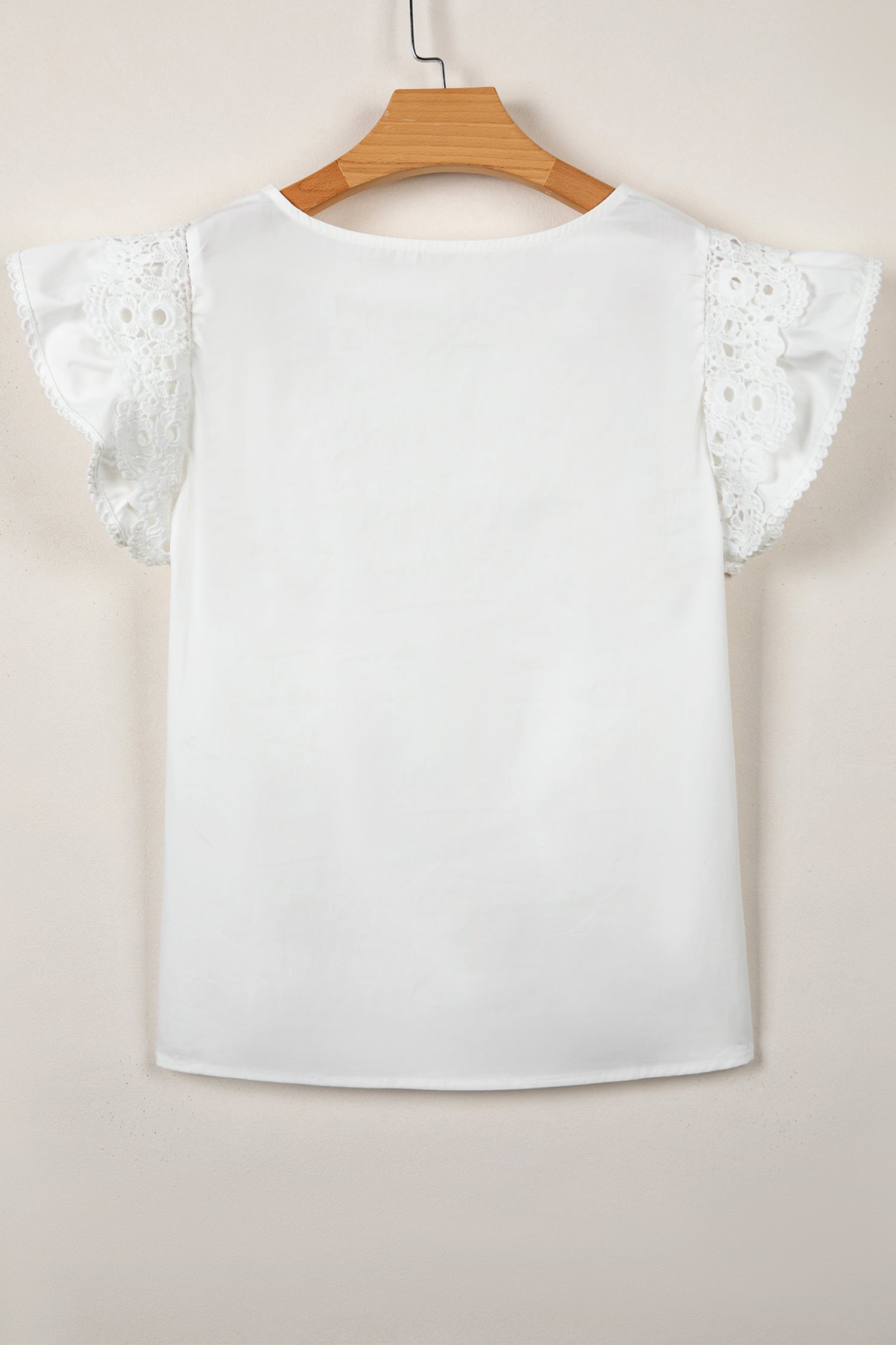 White Lace Detail Flutter Sleeve Pleated Round Neck Blouse