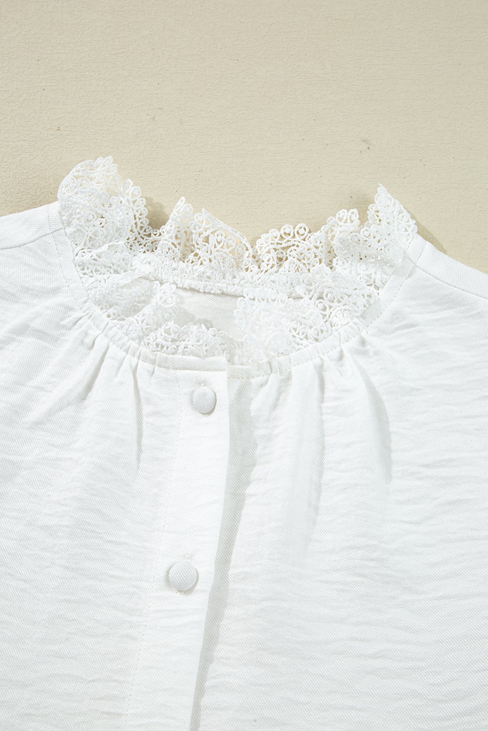White Lace Patchwork Buttoned Stand Neck Loose Shirt