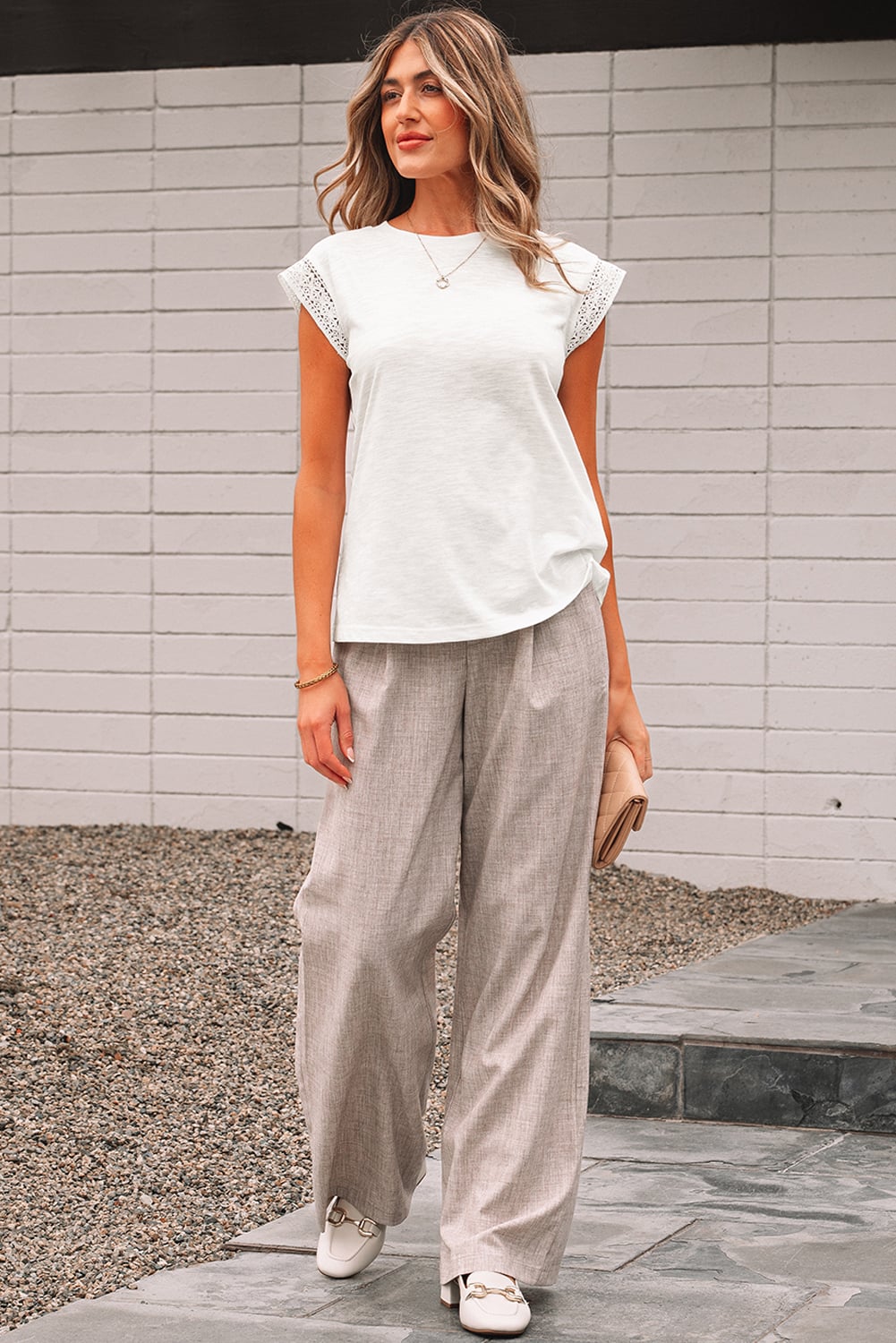 White Lace Patchwork Cap Sleeve Round Neck T Shirt