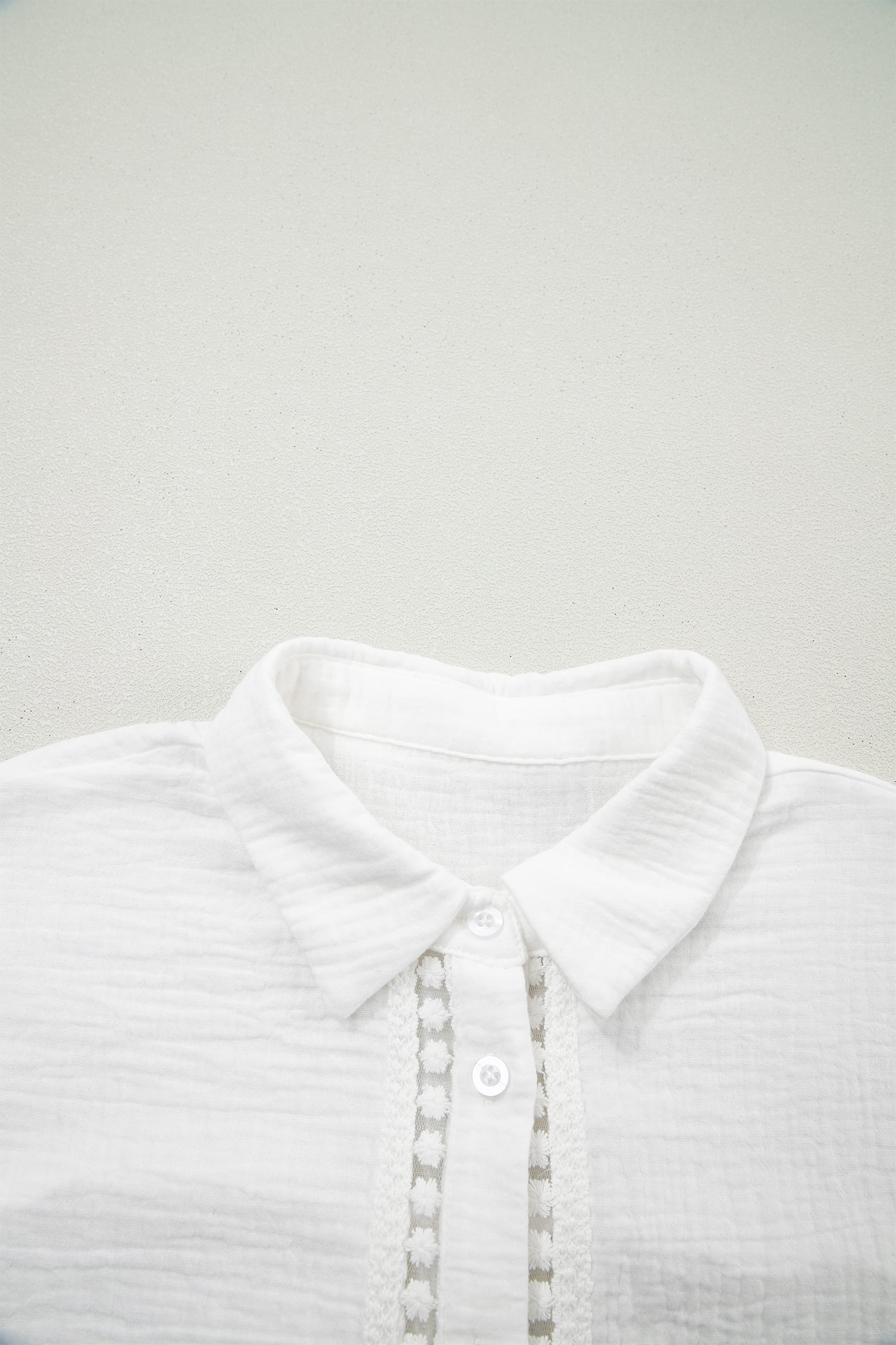 White Lace Trim Cuffed Short Sleeve Textured Shirt