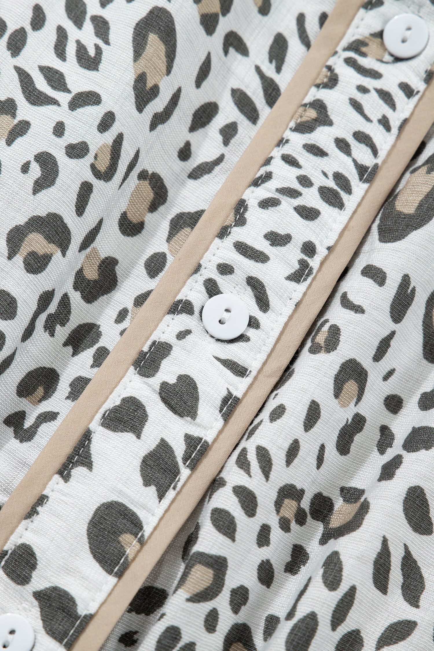 White Leopard Contrast Trim Button Front Short Puff Sleeve Long Dress
