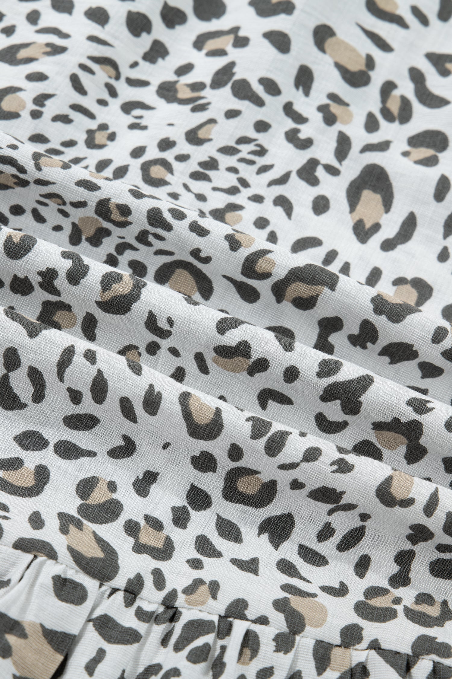 White Leopard Contrast Trim Button Front Short Puff Sleeve Long Dress