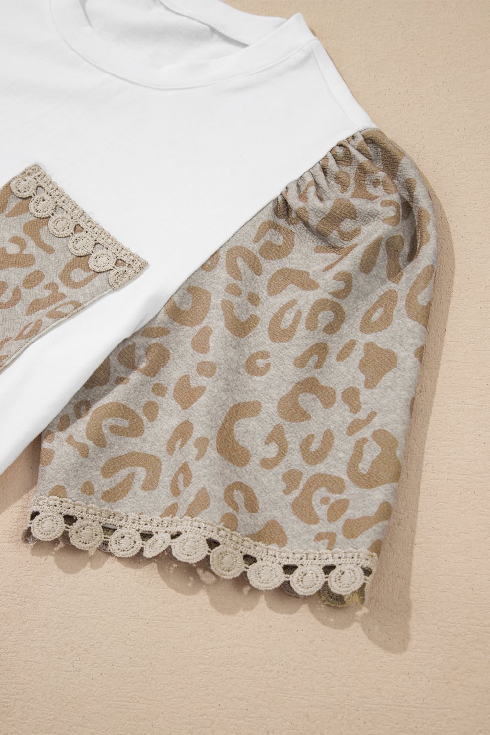 White Leopard Patchwork Crochet Lace Trim Puff Sleeve T Shirt