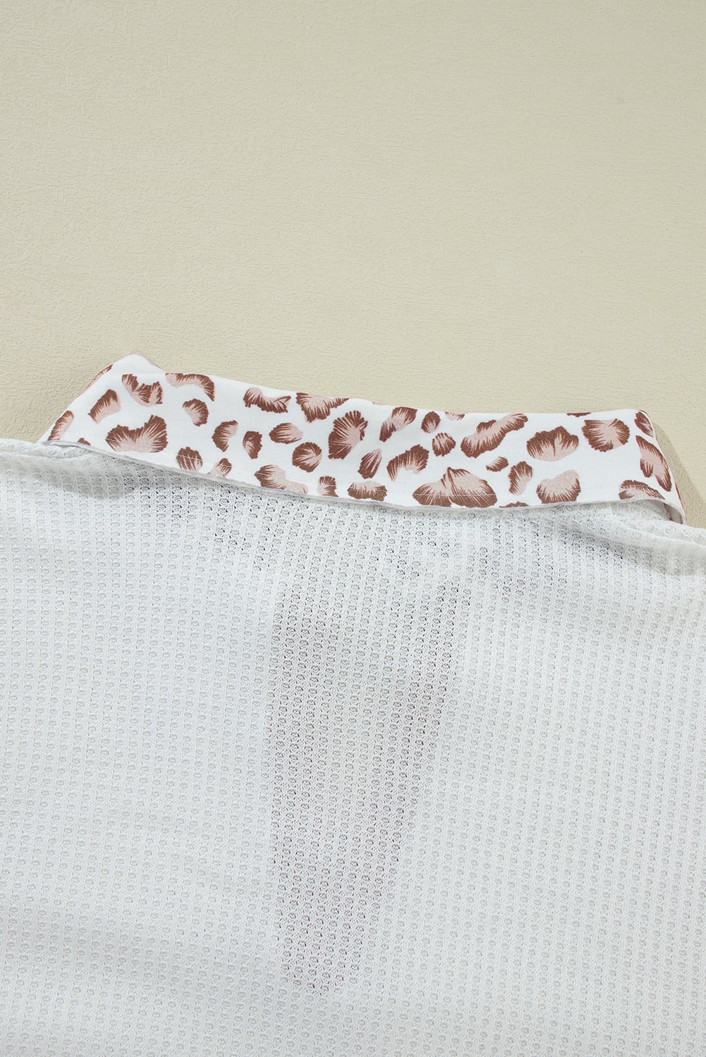 White Leopard Patchwork Turn-down Collar Waffle Top