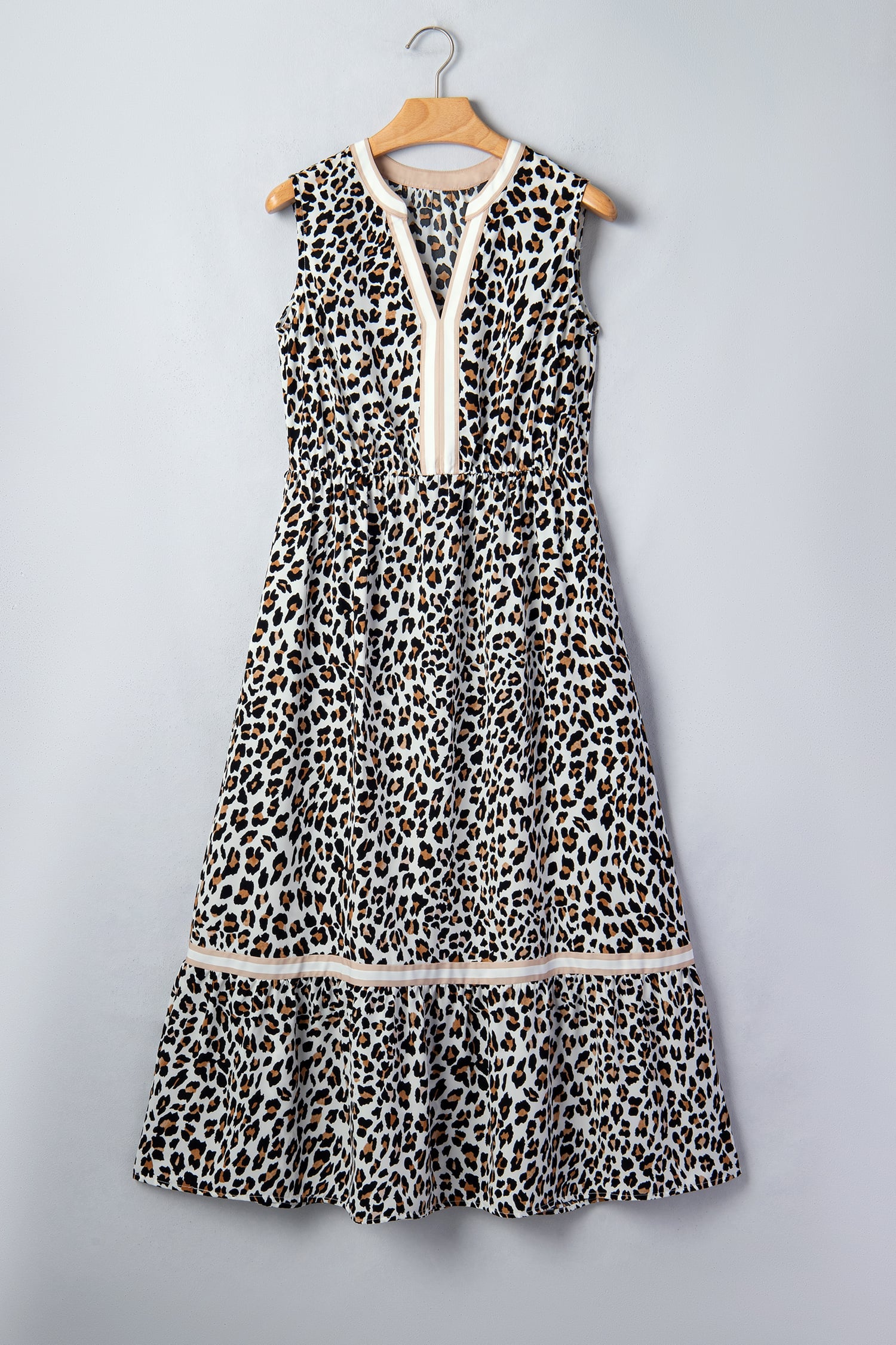 White Leopard Print Colorblock Trim Sleeveless Midi Dress