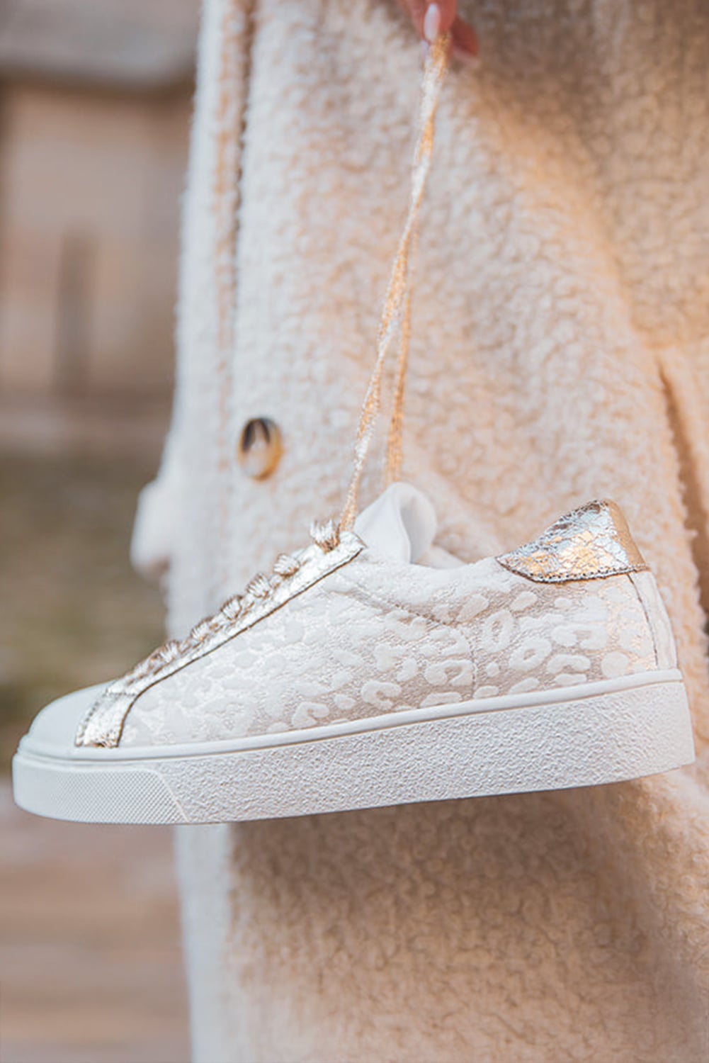 White Leopard Print Glitter Patched PU Leather Lace-up Shoes