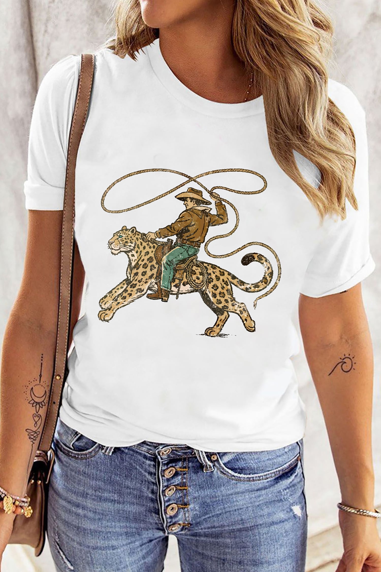 White Leopard Rodeo Cowboy Graphic Casual Tee