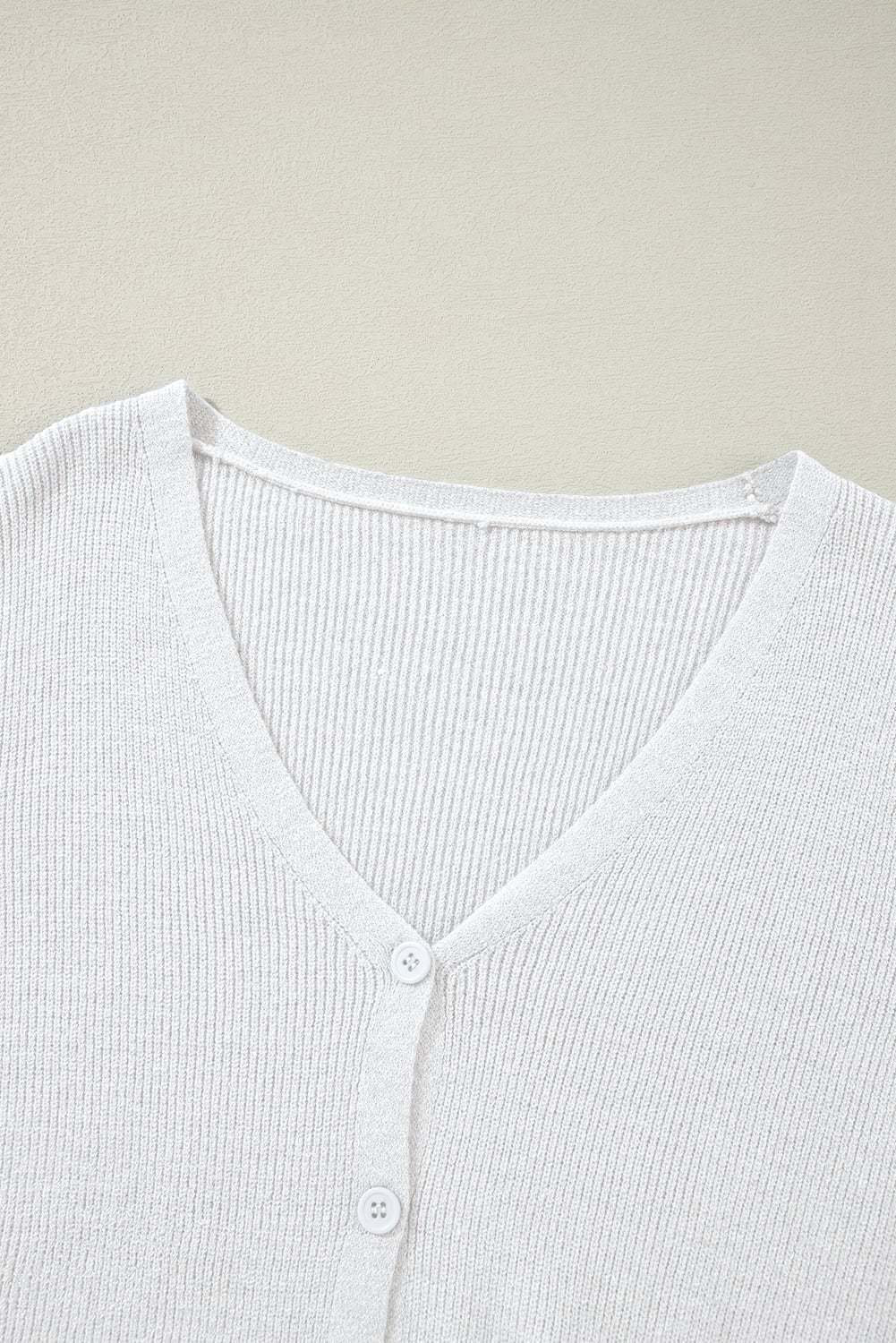 White Lightweight Ribbed Knit Button Front V Neck Cardigan
