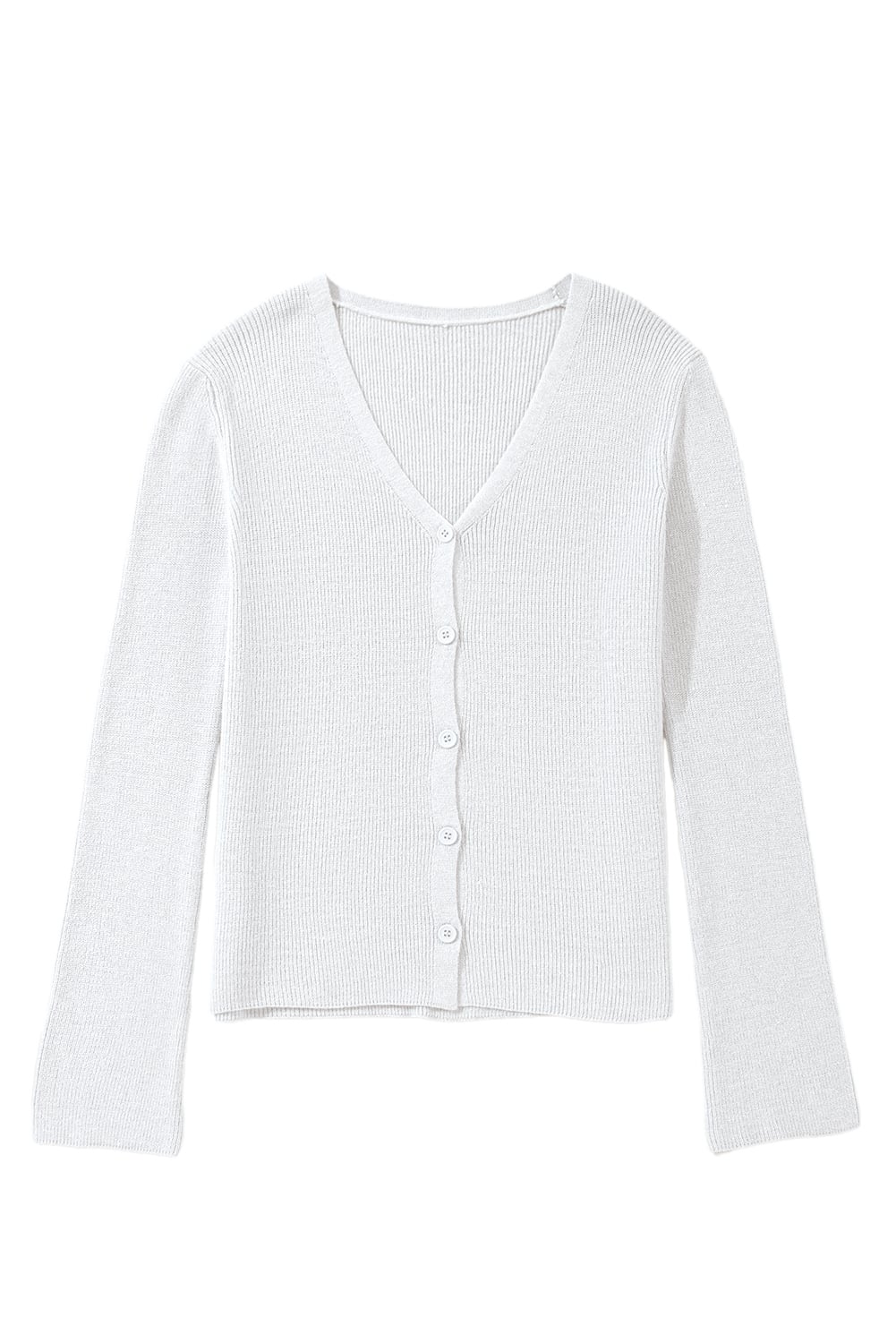 White Lightweight Ribbed Knit Button Front V Neck Cardigan