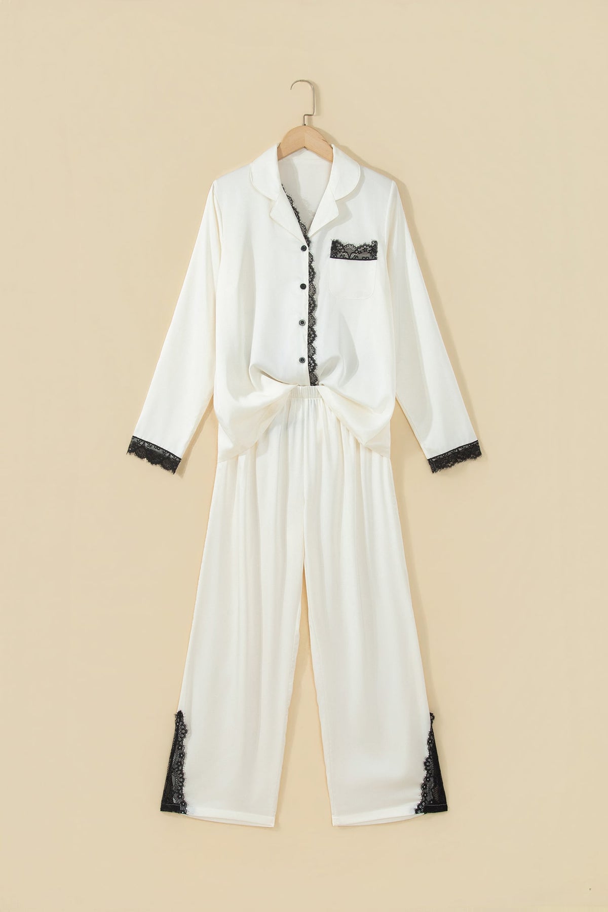 White Long Sleeve Lace Trim Button Front 2pcs Pajama Set
