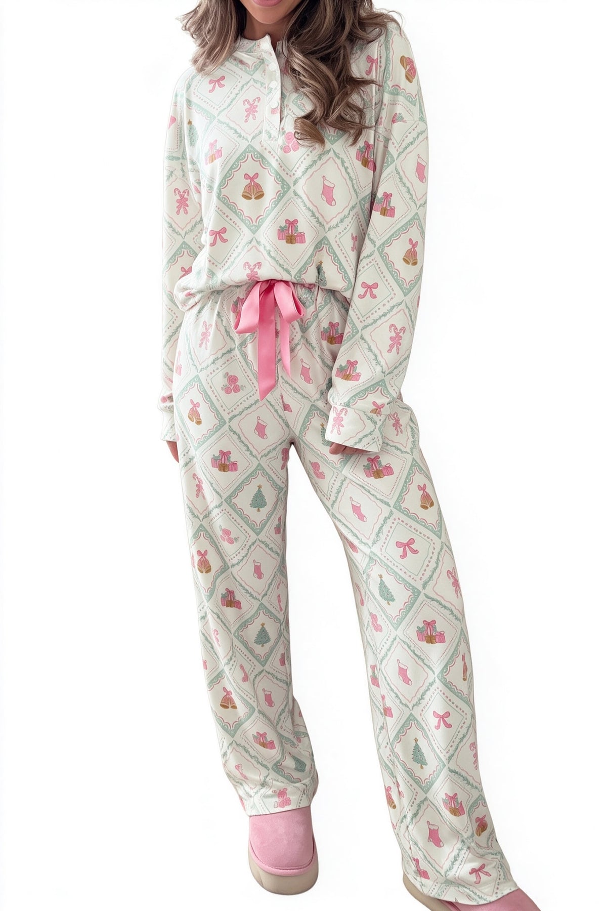 White Long Sleeve Patchwork Shift Christmas Daily Wear Lounge Set