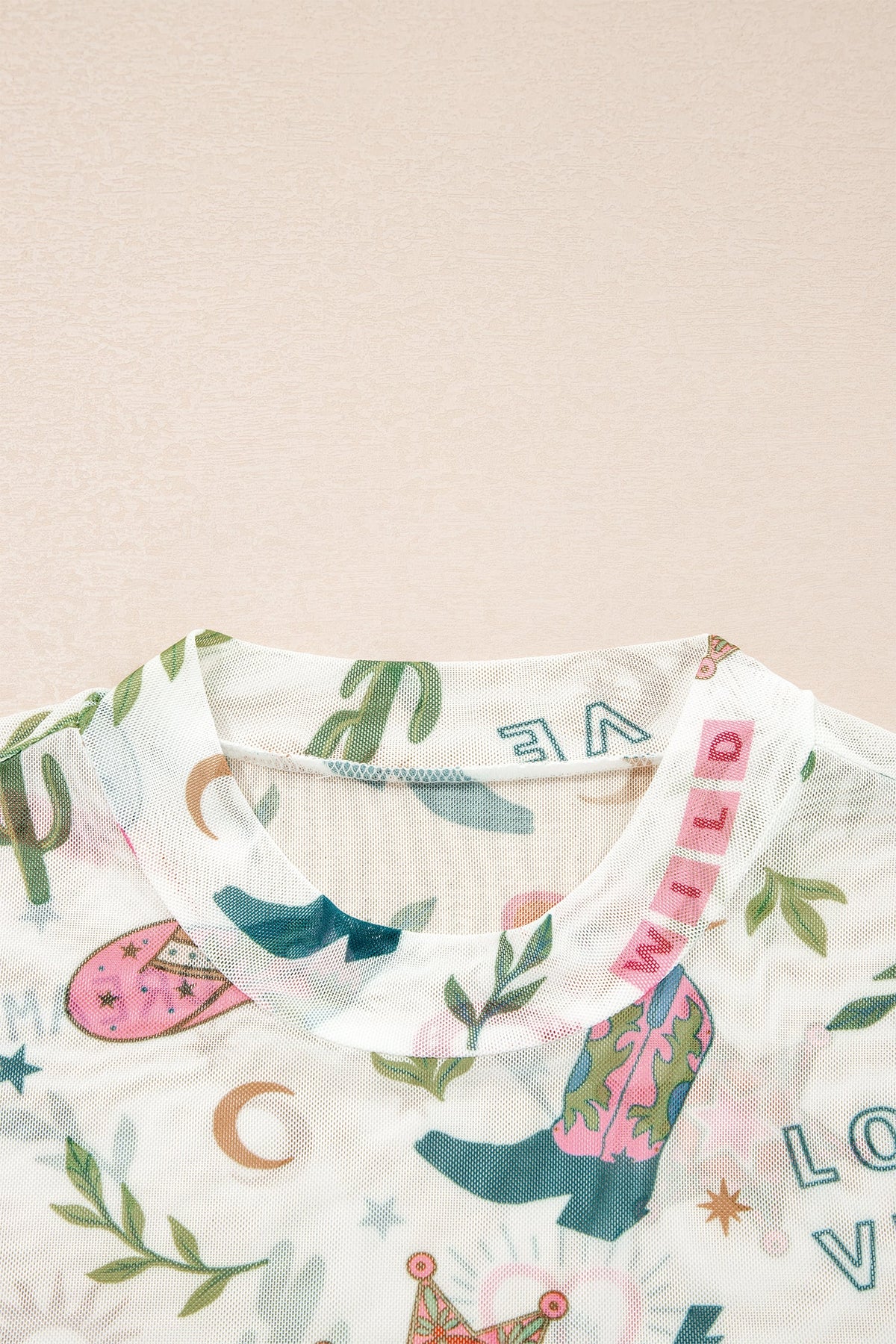 White LOVE WILD DREAMER Western Print Sheer Mesh Top