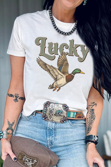 White Lucky Mallard Graphic Casual Crew Neck T Shirt