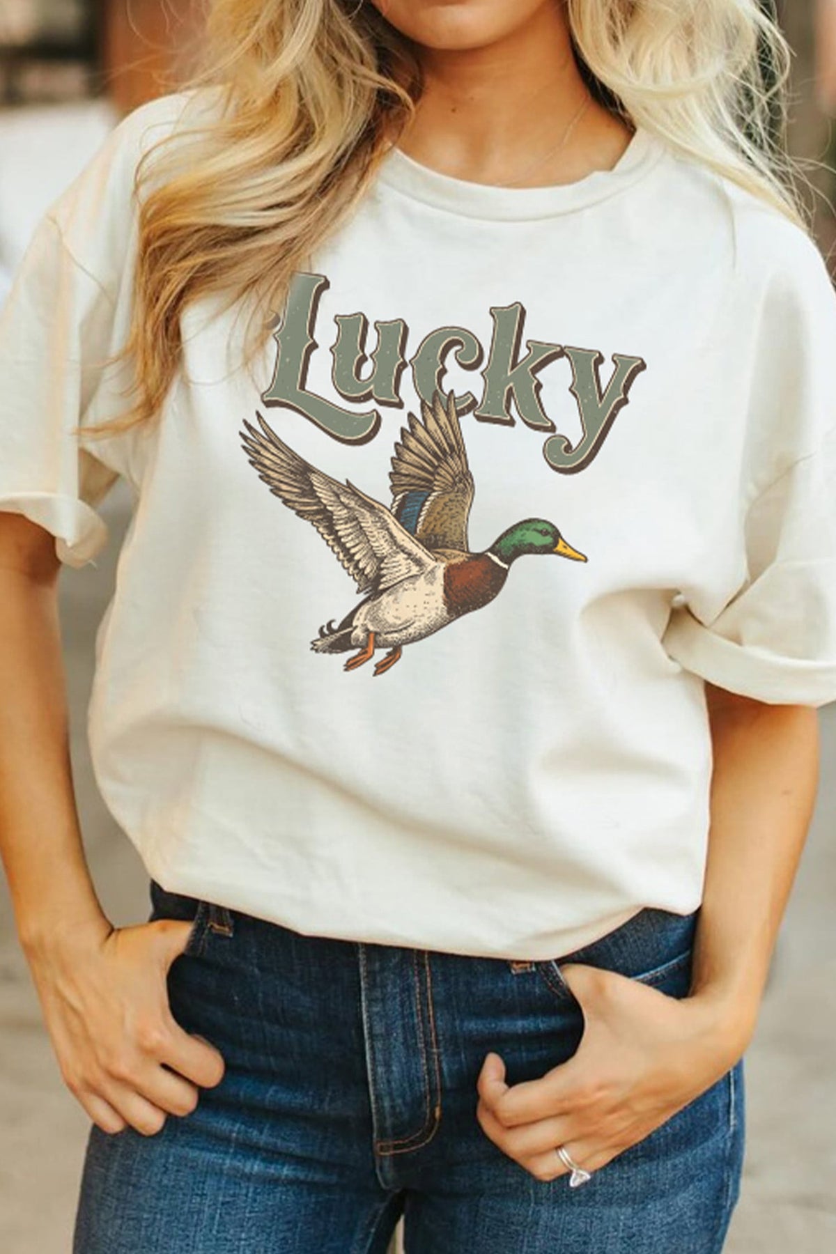 White Lucky Mallard Graphic Casual Crew Neck T Shirt