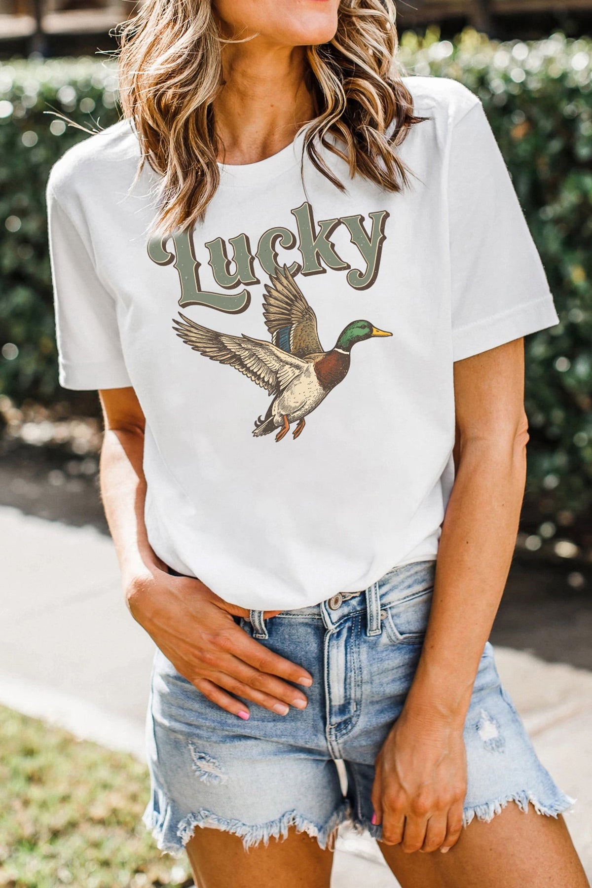 White Lucky Mallard Graphic Casual Crew Neck T Shirt