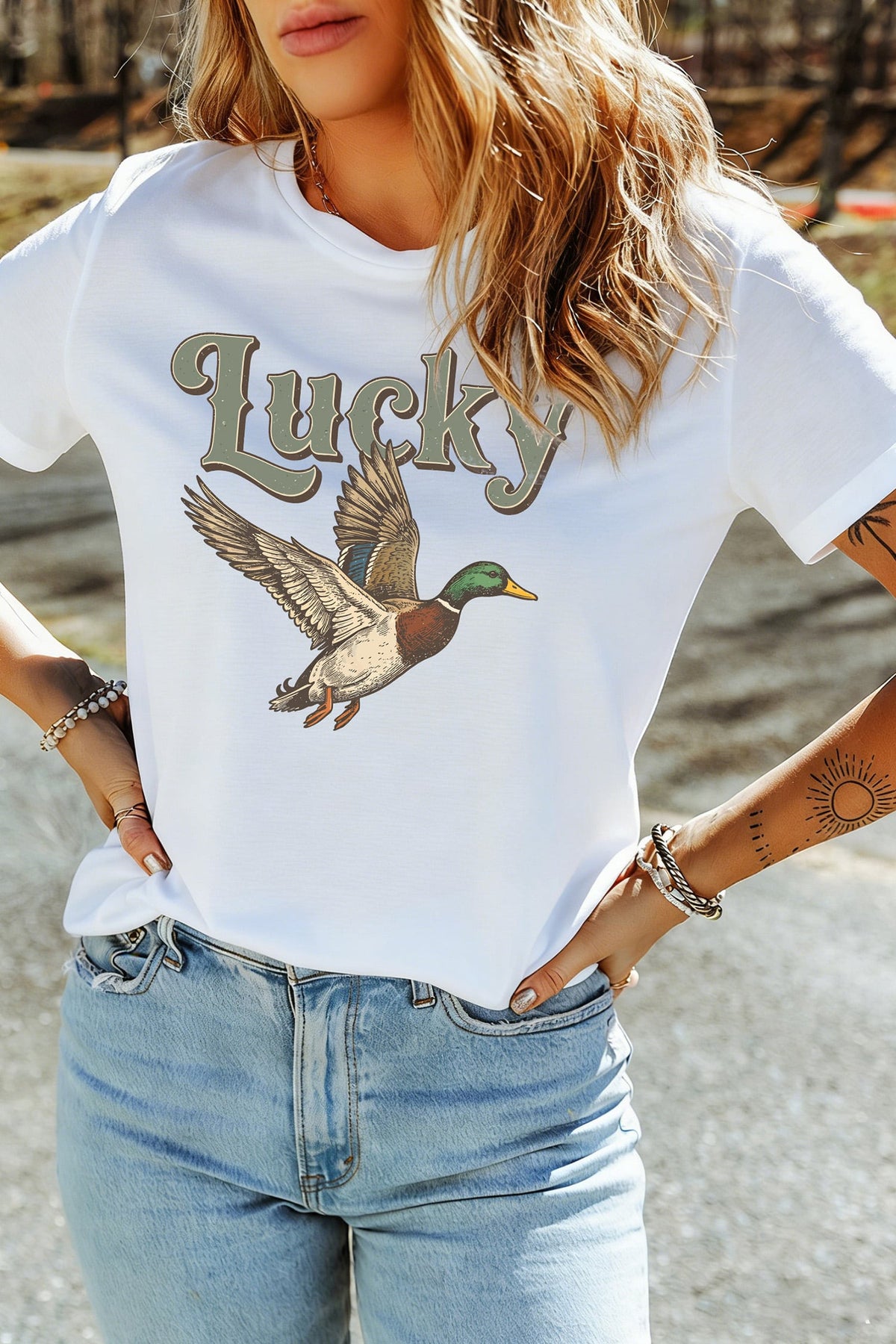 White Lucky Mallard Graphic Casual Crew Neck T Shirt
