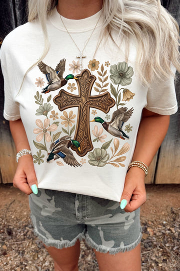White Mallard Cross Floral Graphic Casual T Shirt