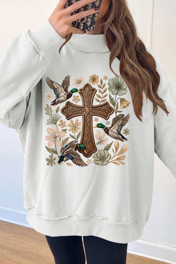 White Mallard Floral Cross Printed Mock Neck Pullover Sweatshirt