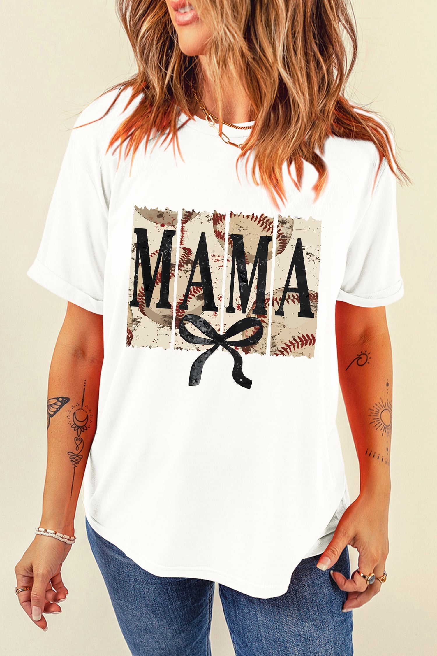 White MAMA Bow Retro Baseball Printed Tee