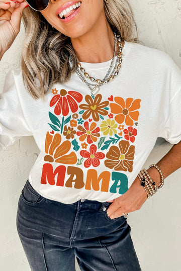 White MAMA Flower Graphic Crewneck Tee