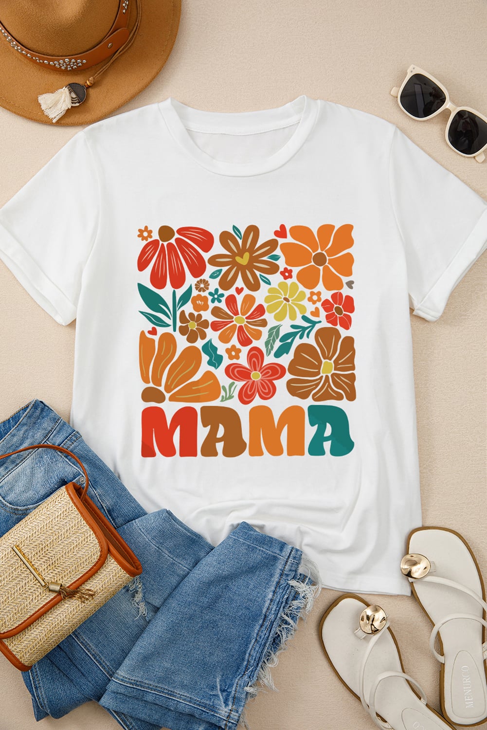 White MAMA Flower Graphic Crewneck Tee