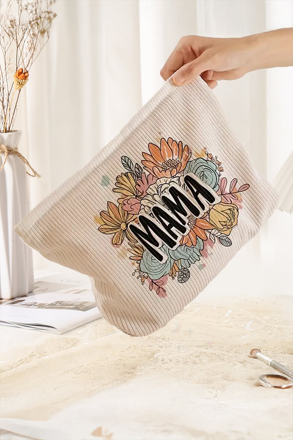 White MAMA Flower Print Corduroy Large Cosmetic Bag