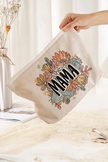 White MAMA Flower Print Corduroy Large Cosmetic Bag