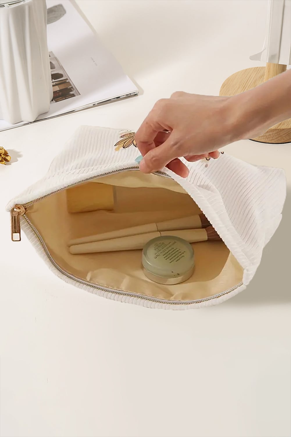 White MAMA Flower Print Corduroy Large Cosmetic Bag